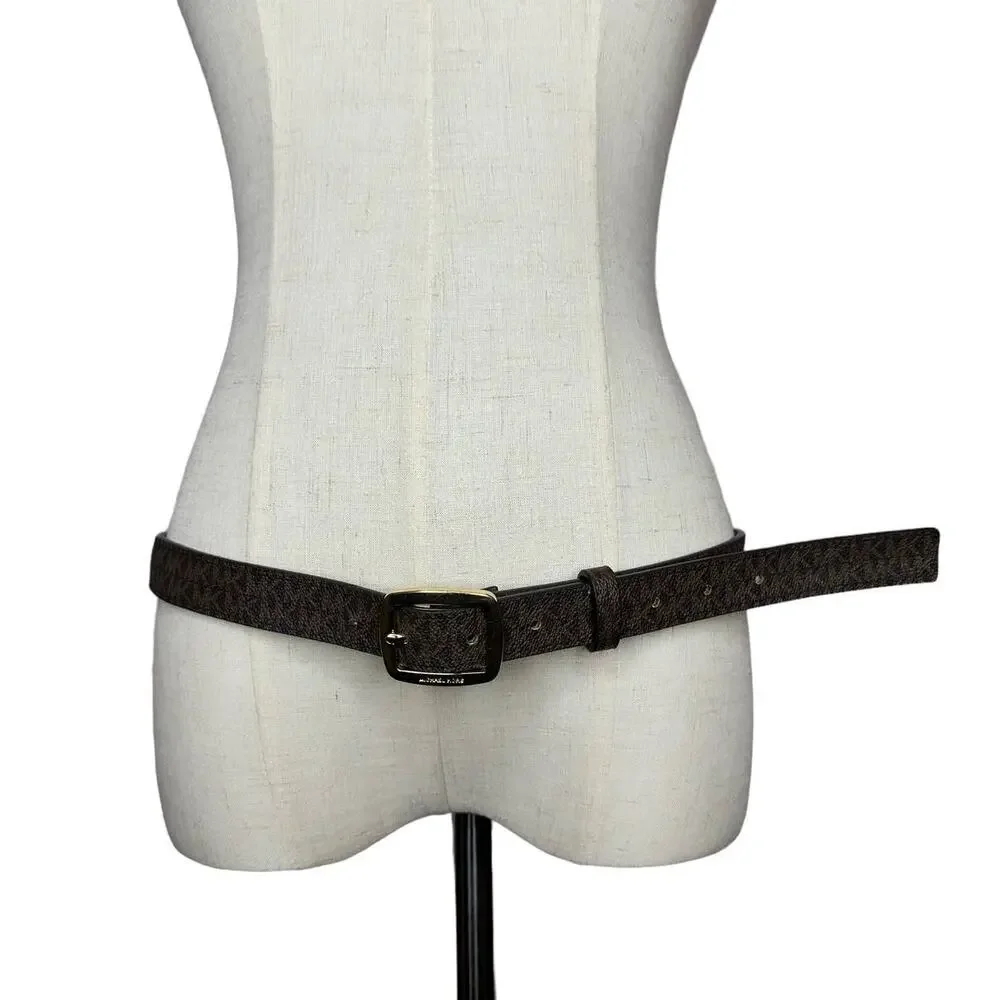 EOC Michael Kors MK Brown Logo Belt Size Large Gold Buckle Dark Brown